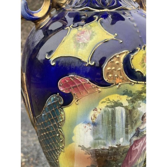 18 3/8" LARGE Antique Ceramic Vase 'Dudley' Transfer Print Cobalt Blue Gilt - Picture 9 of 16